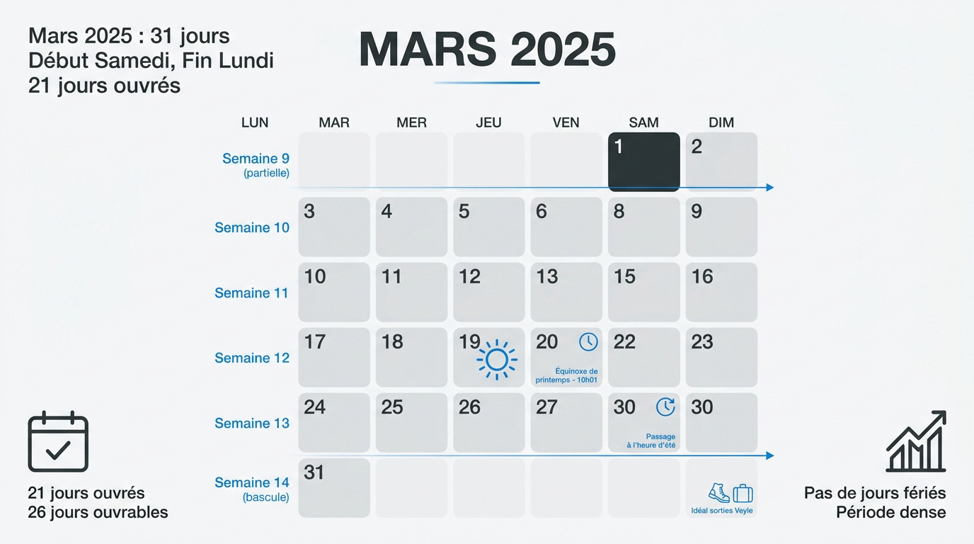 Calendrier complet de mars 2025 avec jours fériés et semaines