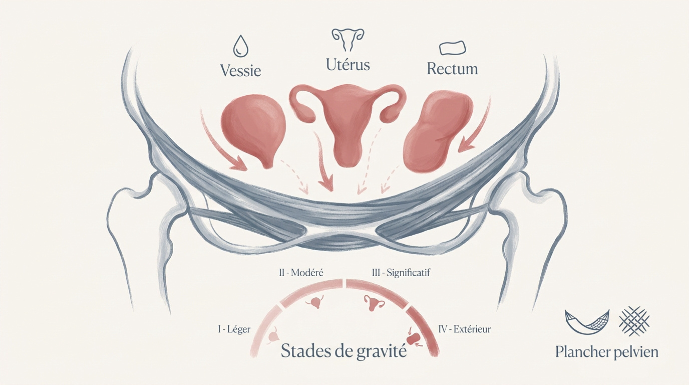 Schéma explicatif du plancher pelvien et des organes en position normale versus prolapsus