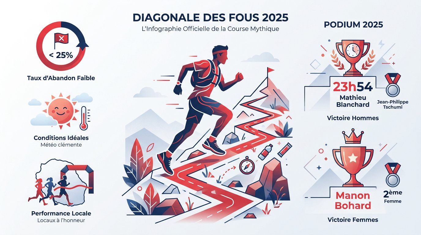 Infographie des résultats de la Diagonale des Fous 2025 montrant les podiums