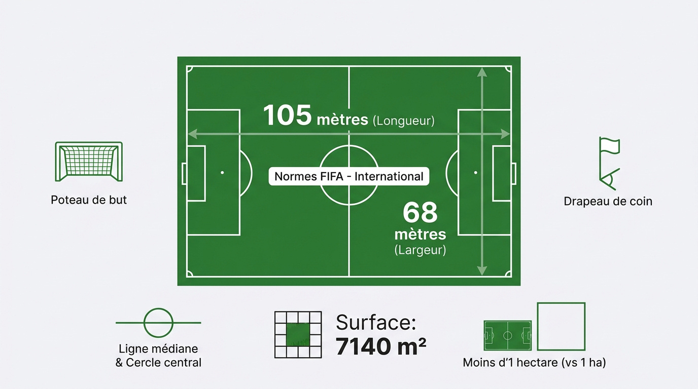 Schéma détaillé des dimensions officielles d'un terrain de football aux normes FIFA