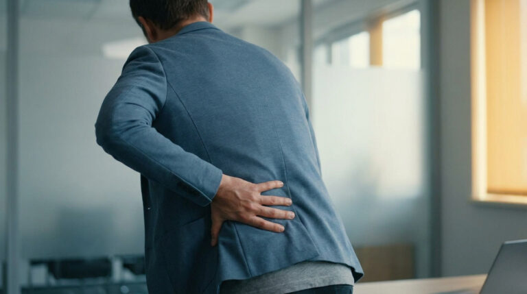 Un homme en veste de costume se tient le bas du dos en signe de douleur intense dans un bureau.
