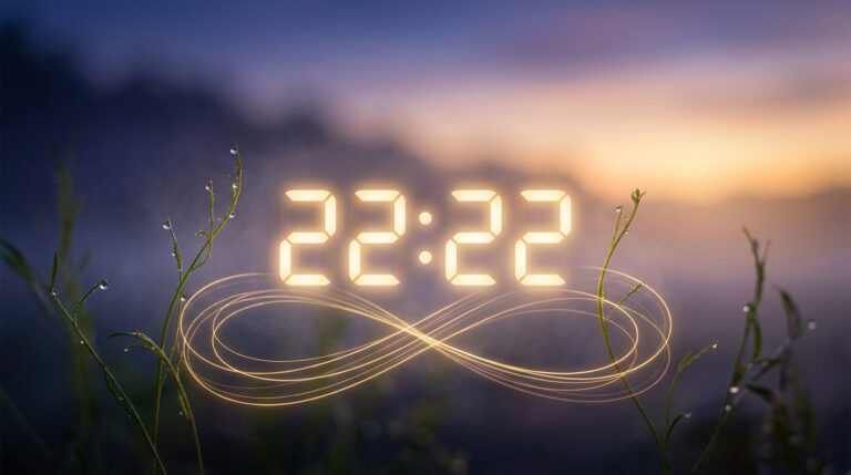 Heure miroir 22:22 lumineuse avec un symbole infini sur fond de nature embrumée au crépuscule.