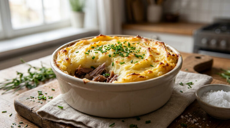 Le secret du parmentier de canard confit pour te régaler Un parmentier de canard confit gratiné, saupoudré de ciboulette fraîche, dans un plat en céramique sur une table en bois.