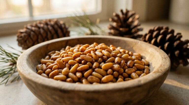 Pignon de pin : tout savoir sur cette graine d’exception Un bol en bois rempli de pignons de pin, entouré de pommes de pin sur une table près d'une fenêtre.