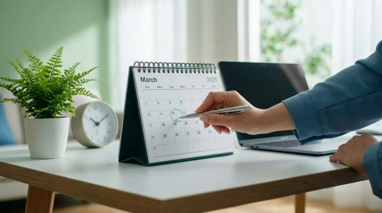 Organise ton calendrier de mars 2025 comme un pro Une main utilisant un stylo pour entourer le 12 mars sur un calendrier de bureau, avec un ordinateur portable à côté.