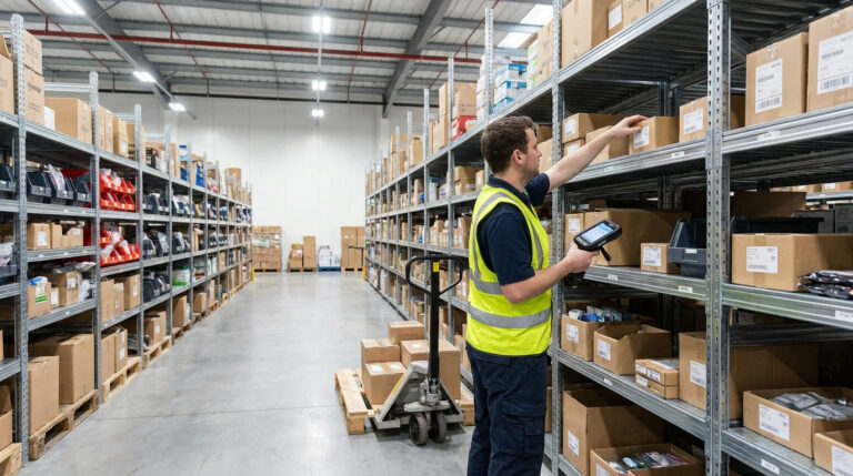 Préparateur de commande : tout savoir sur ce métier clé Un préparateur de commande portant un gilet réfléchissant utilise un scanner pour sélectionner un colis dans un entrepôt.
