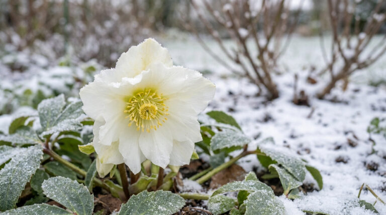 Une fleur blanche d'hellébore, ou rose de Noël, en pleine floraison au milieu d'un jardin recouvert de neige.
