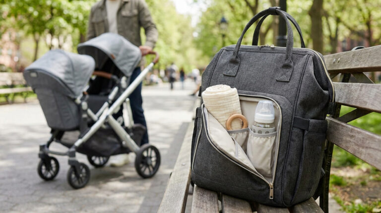 Sac à langer gris foncé posé sur un banc de parc, avec une poussette en arrière-plan.