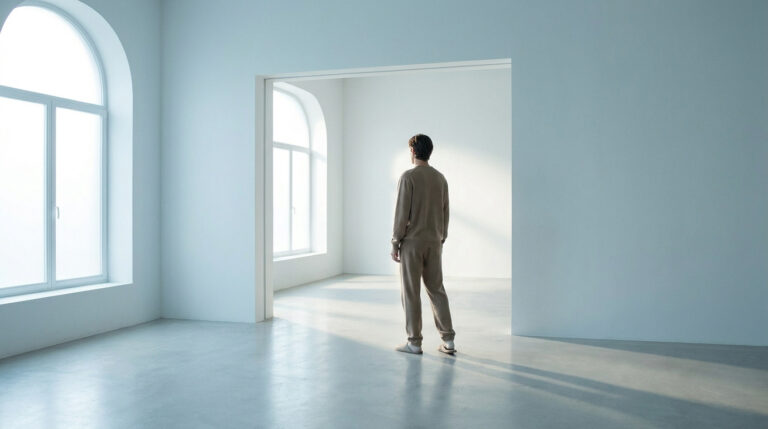 Un homme vêtu de beige se tient seul dans une vaste pièce lumineuse et minimaliste, face à une grande fenêtre en arche.