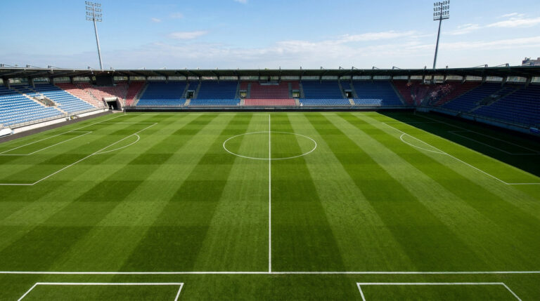 Tout savoir sur les dimensions du terrain de foot Vue grand angle d'un stade de football vide avec une pelouse tondue en bandes et des tribunes bleues et rouges.