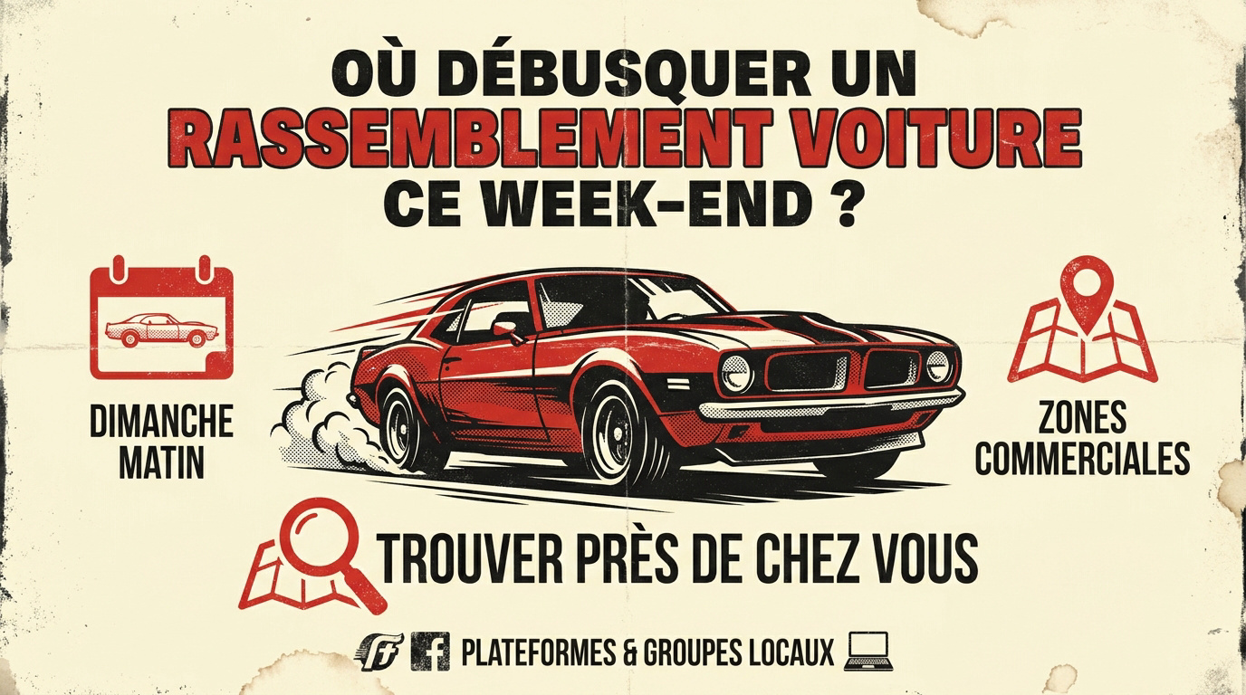 Rassemblement de voitures anciennes et sportives sur un parking le week-end